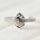 Platinum salt and pepper hexagon diamond engagement pavé ring