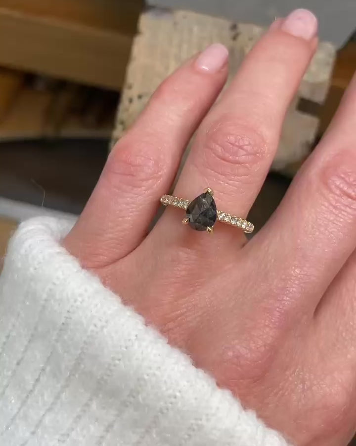 18ct yellow gold sa lt and pepper pear diamond engagement pavé ring