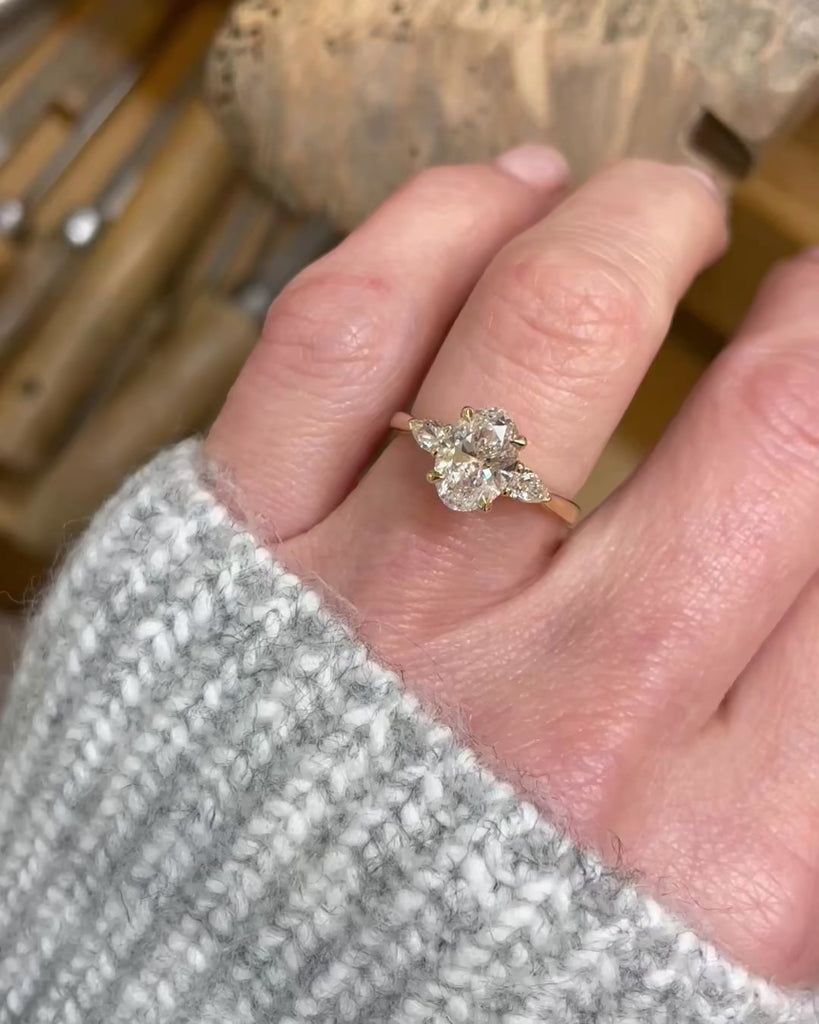 18ct yellow gold oval trilogy lab grown diamond ring UK