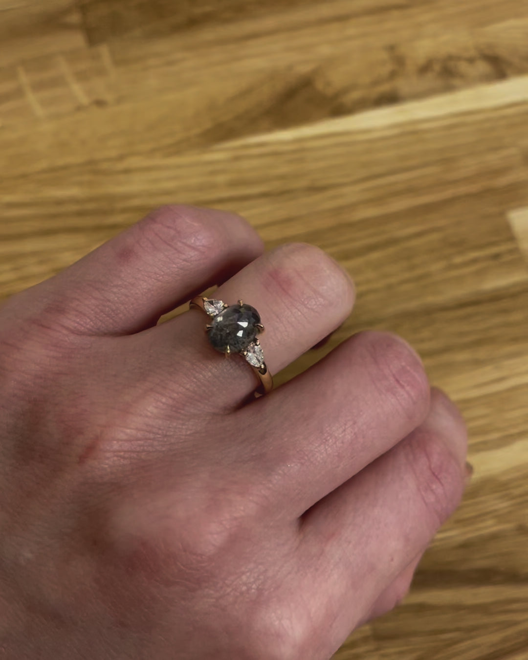 18ct yellow gold salt and pepper oval diamond engagement trilogy ring