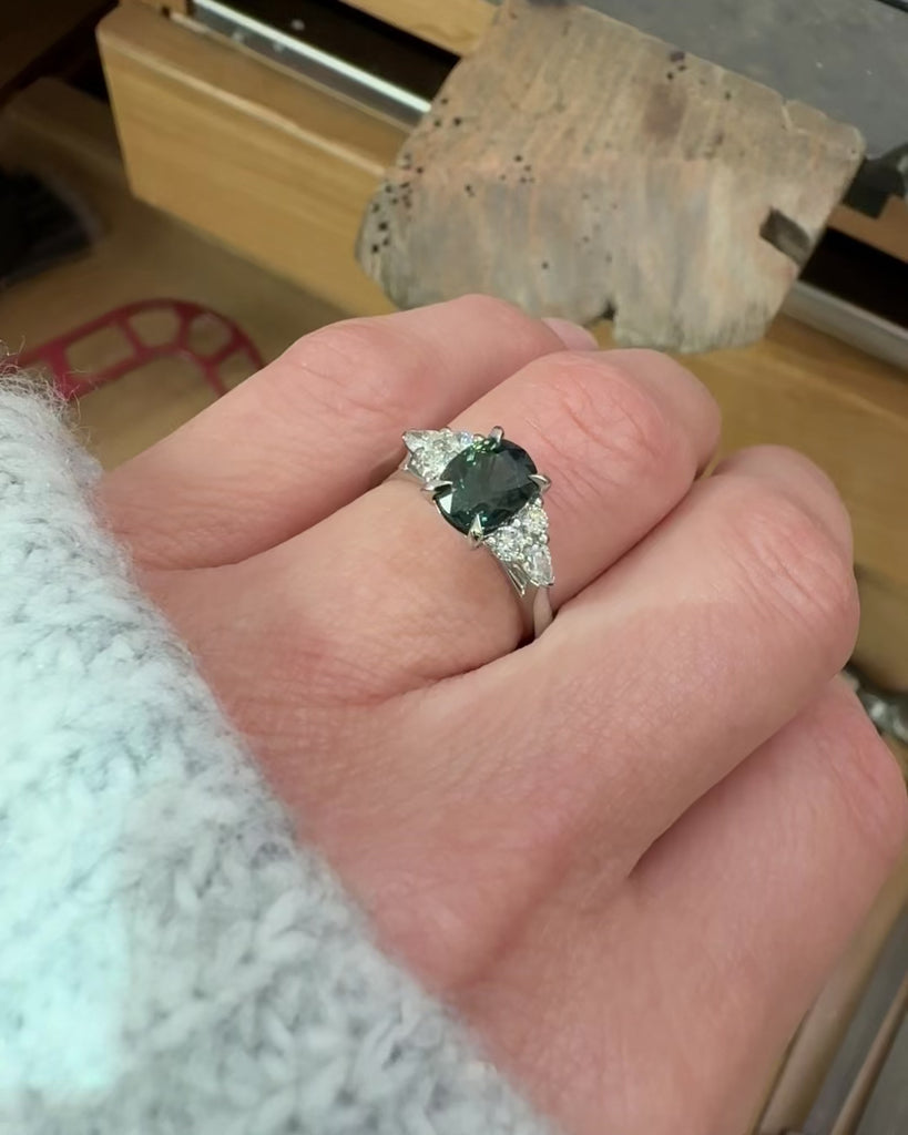 Teal Sapphire Engagement Ring, Iris Setting