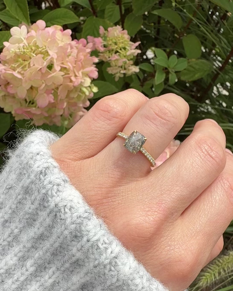 18ct yellow gold salt and pepper cushion cut diamond engagement pavé ring