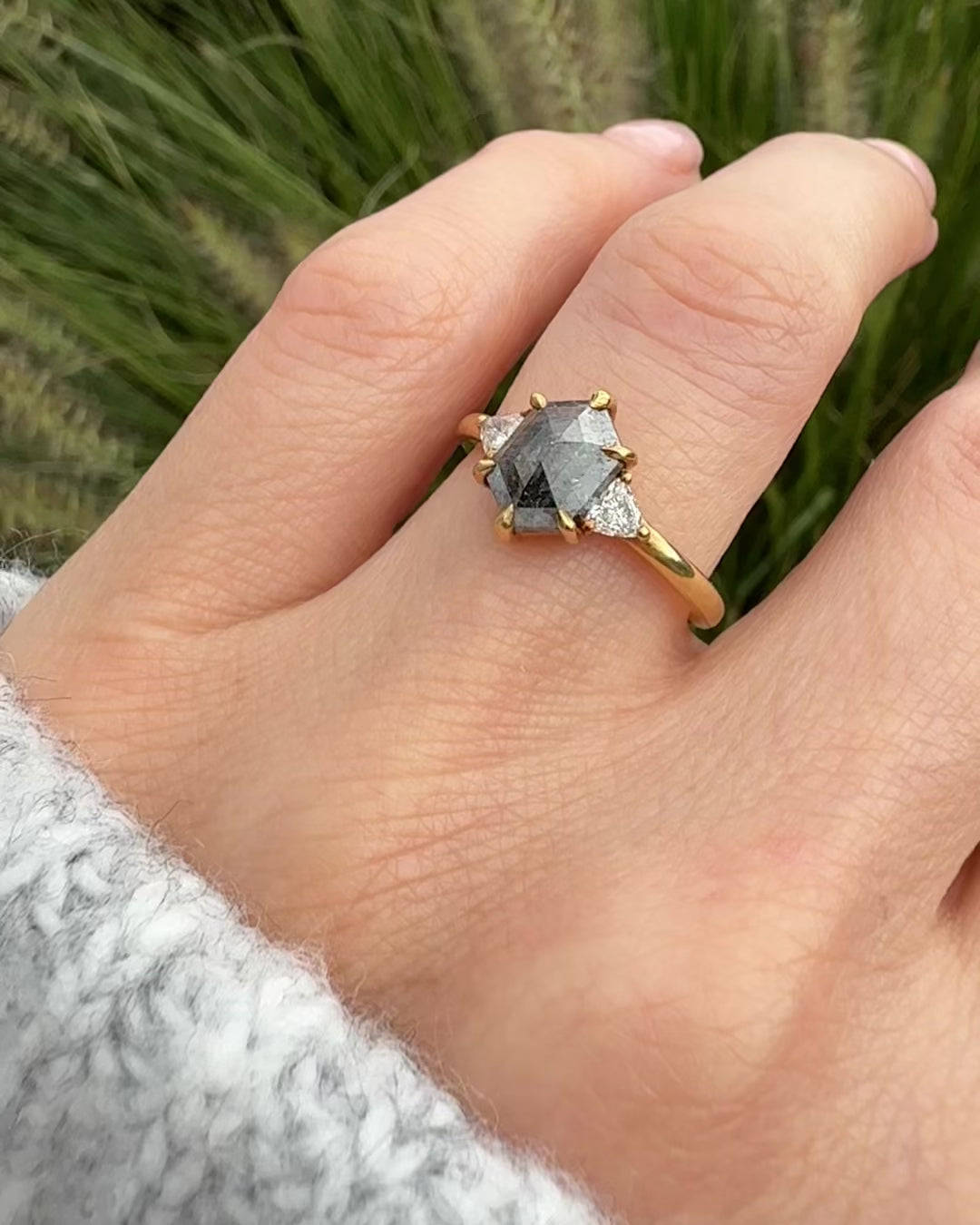 18ct yellow gold salt and pepper hexagon diamond engagement trilogy ring