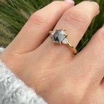 18ct yellow gold salt and pepper hexagon diamond engagement trilogy ring