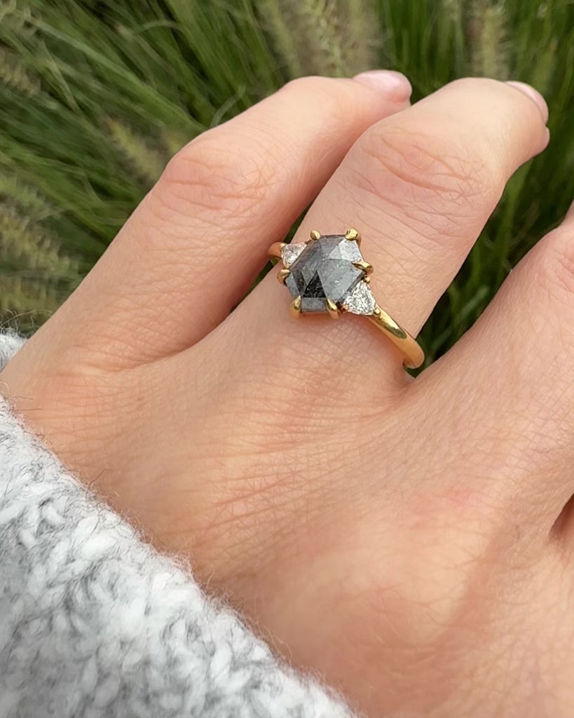 18ct yellow gold salt and pepper hexagon diamond engagement trilogy ring