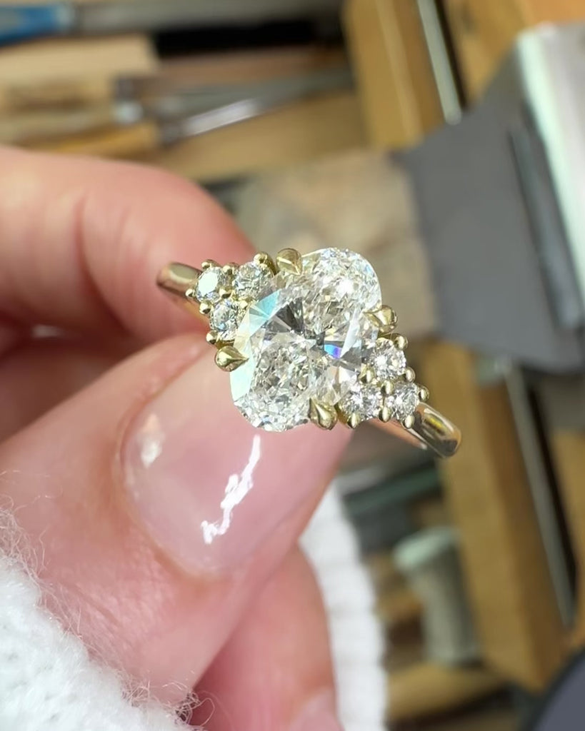 oval lab grown trefoil diamond yellow gold engagement ring