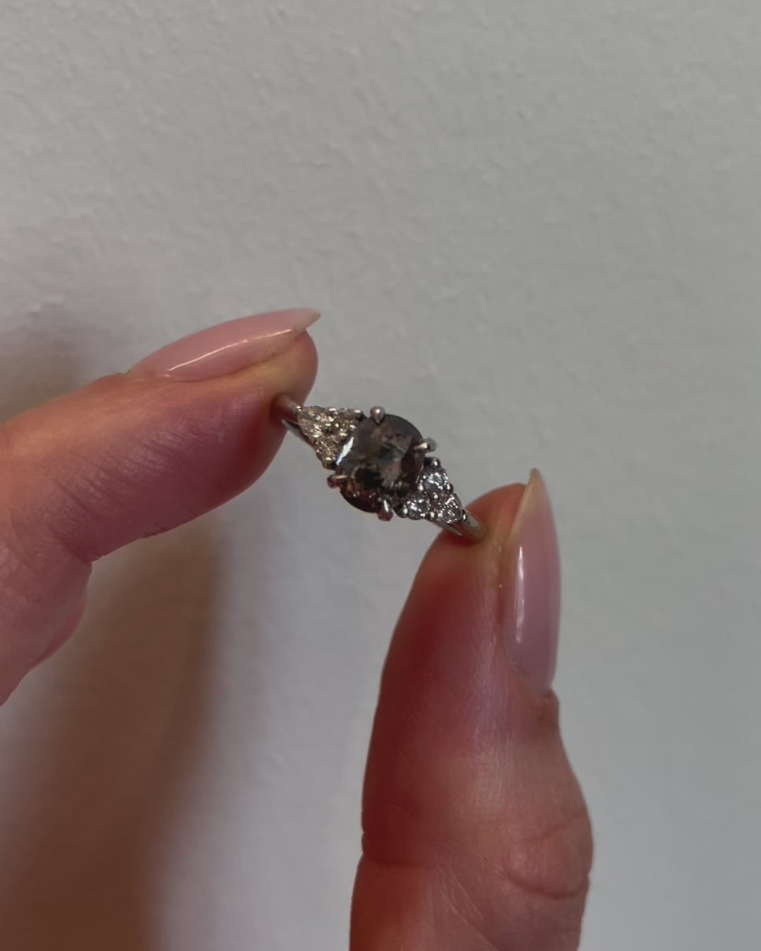 Platinum salt and pepper oval diamond engagement one-of-a-kind ring