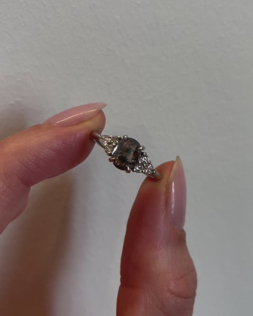 Platinum salt and pepper oval diamond engagement one-of-a-kind ring