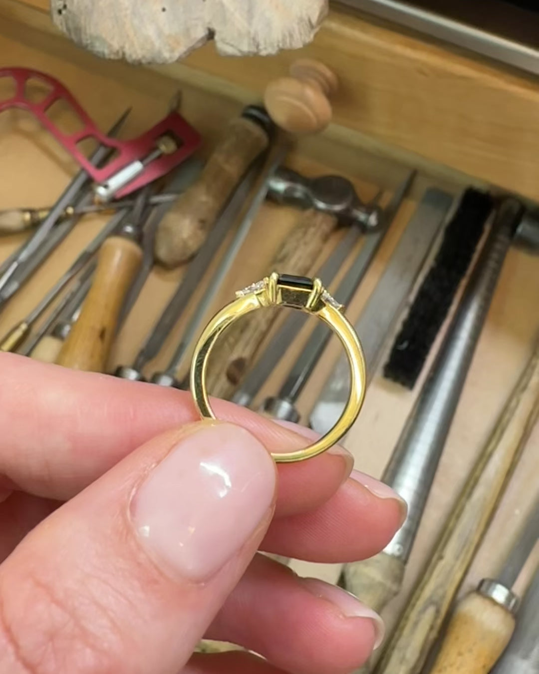18ct yellow gold emerald cut trilogy ​teal sapphire rings
