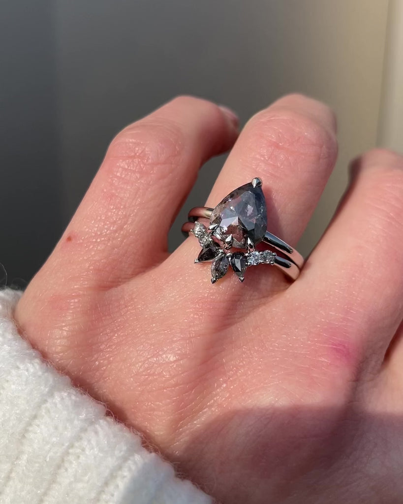 Pear Rose Cut Dark Salt and Pepper Diamond Solitaire Engagement Ring