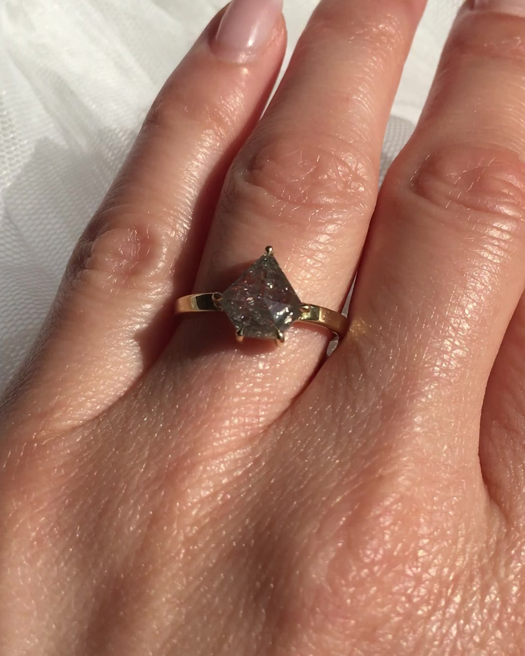 18ct yellow gold salt and pepper shield diamond engagement solitaire ring