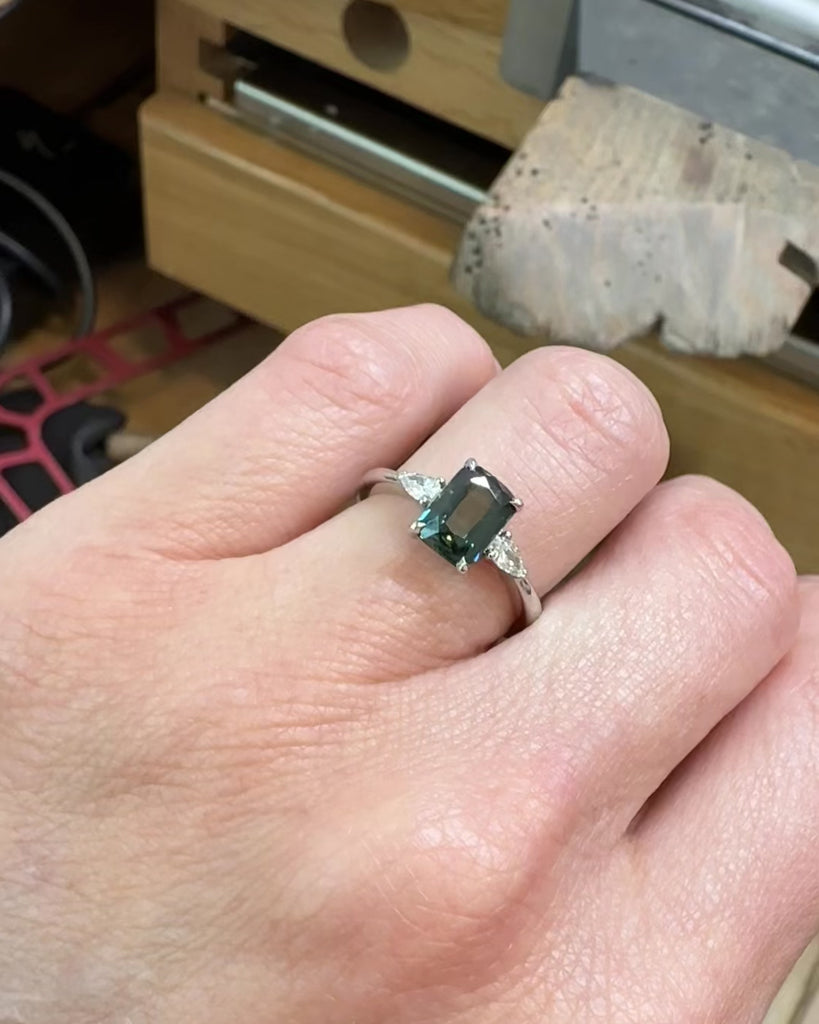 Platinum Emerald Shape Teal Sapphire Engagement Ring
