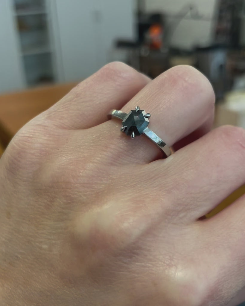 18ct white gold salt and pepper hexagon diamond engagement solitaire ring