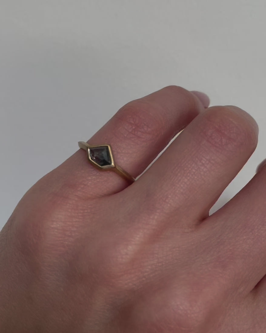 18ct yellow gold salt and pepper shield diamond engagement bezel ring