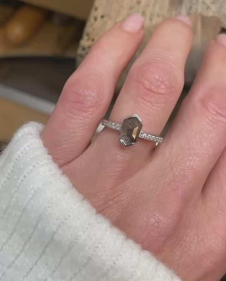 Platinum salt and pepper hexagon diamond engagement pavé ring