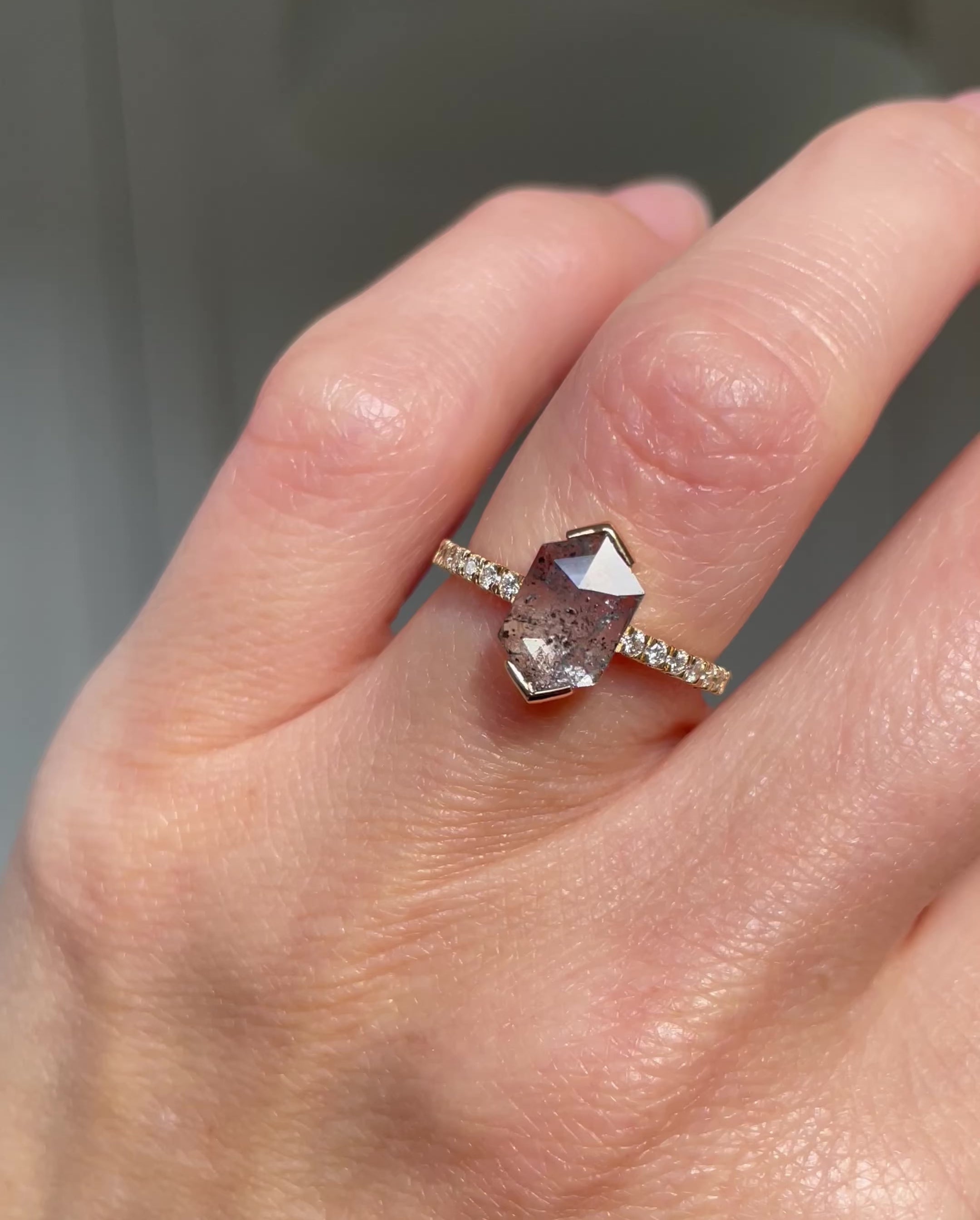 18ct yellow gold salt and pepper hexagon diamond engagement pavé ring