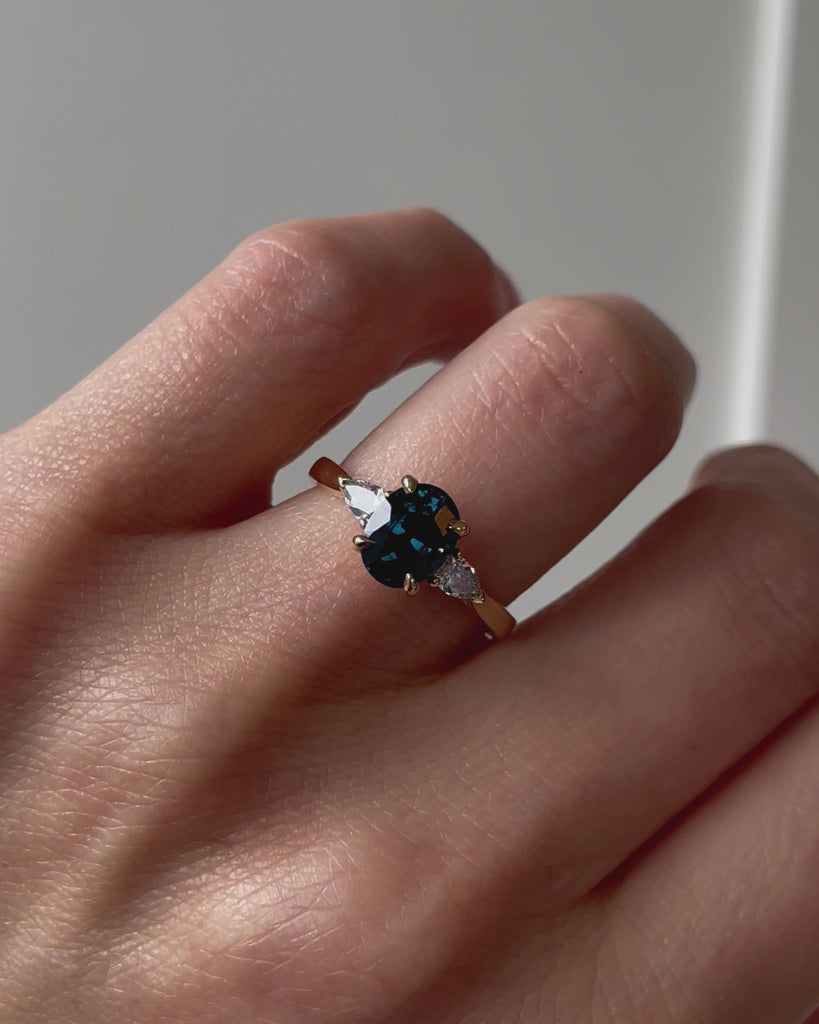 18ct yellow gold oval trilogy ​teal sapphire rings