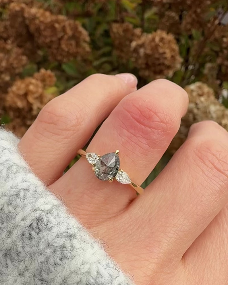 18ct yellow gold salt and pepper pear diamond engagement trilogy ring