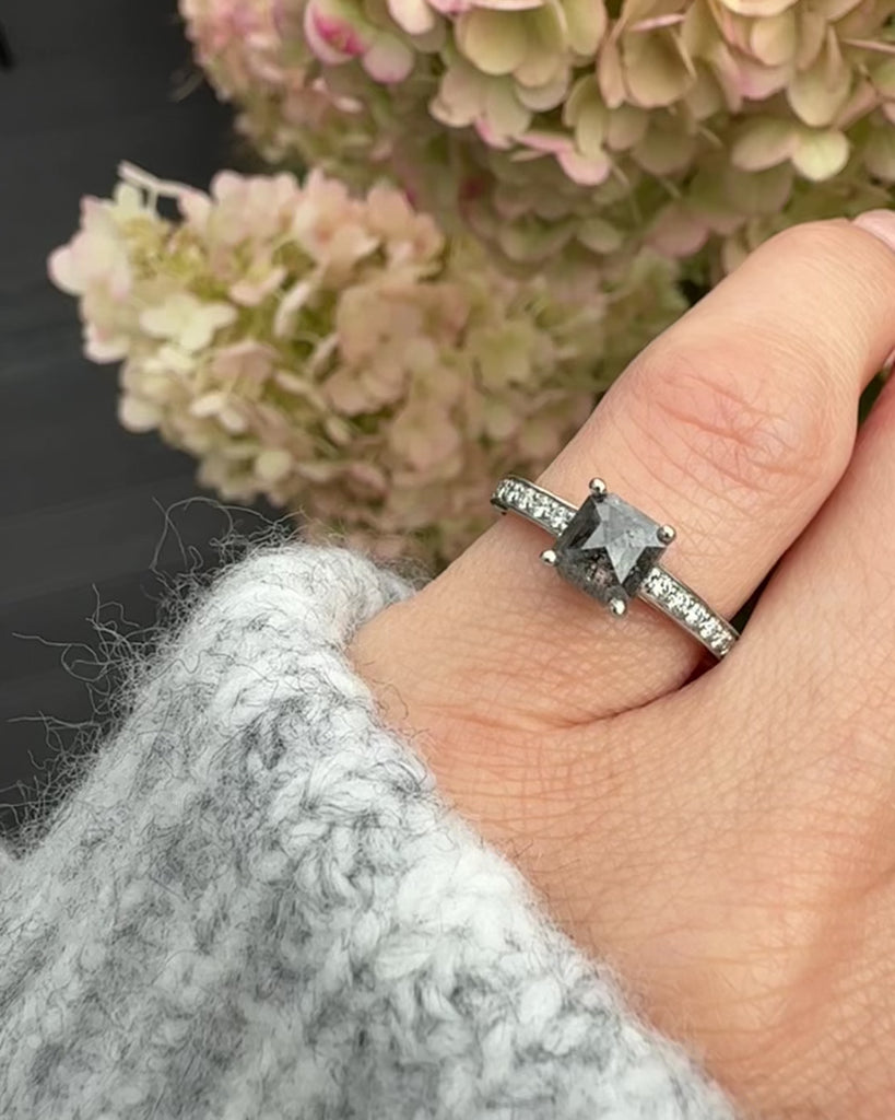 Platinum salt and pepper princess rose cut diamond engagement pavé ring