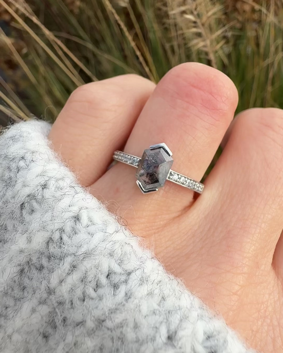 Platinum salt and pepper hexagon diamond engagement pavé ring
