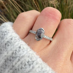 Platinum salt and pepper hexagon diamond engagement pavé ring