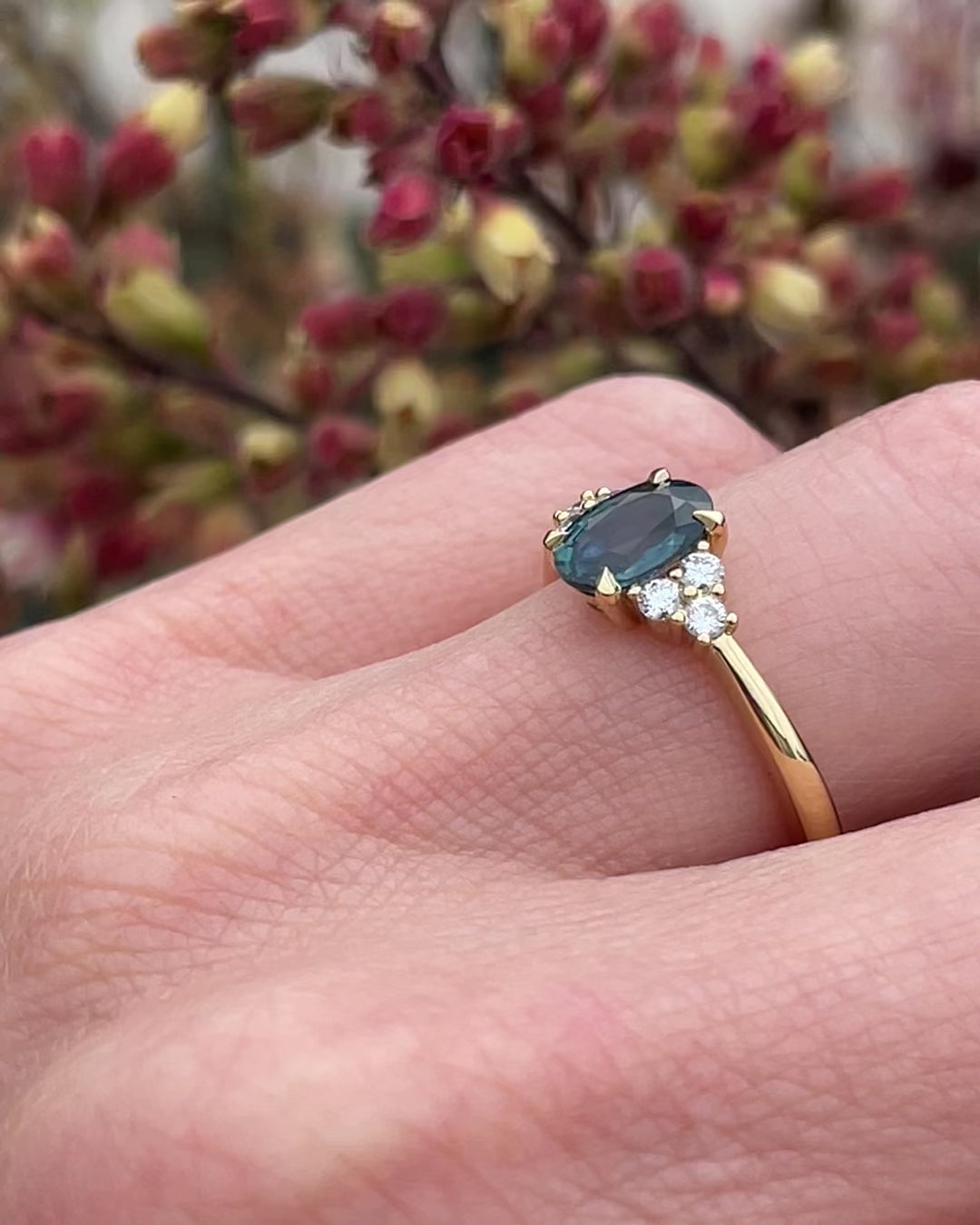 Oval Teal Sapphire Engagement Ring, One of a Kind, 18ct Yellow Gold