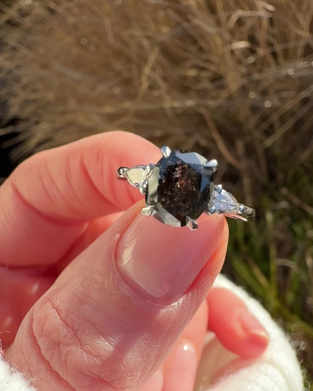 oval salt and pepper rose cut diamond engagement ring