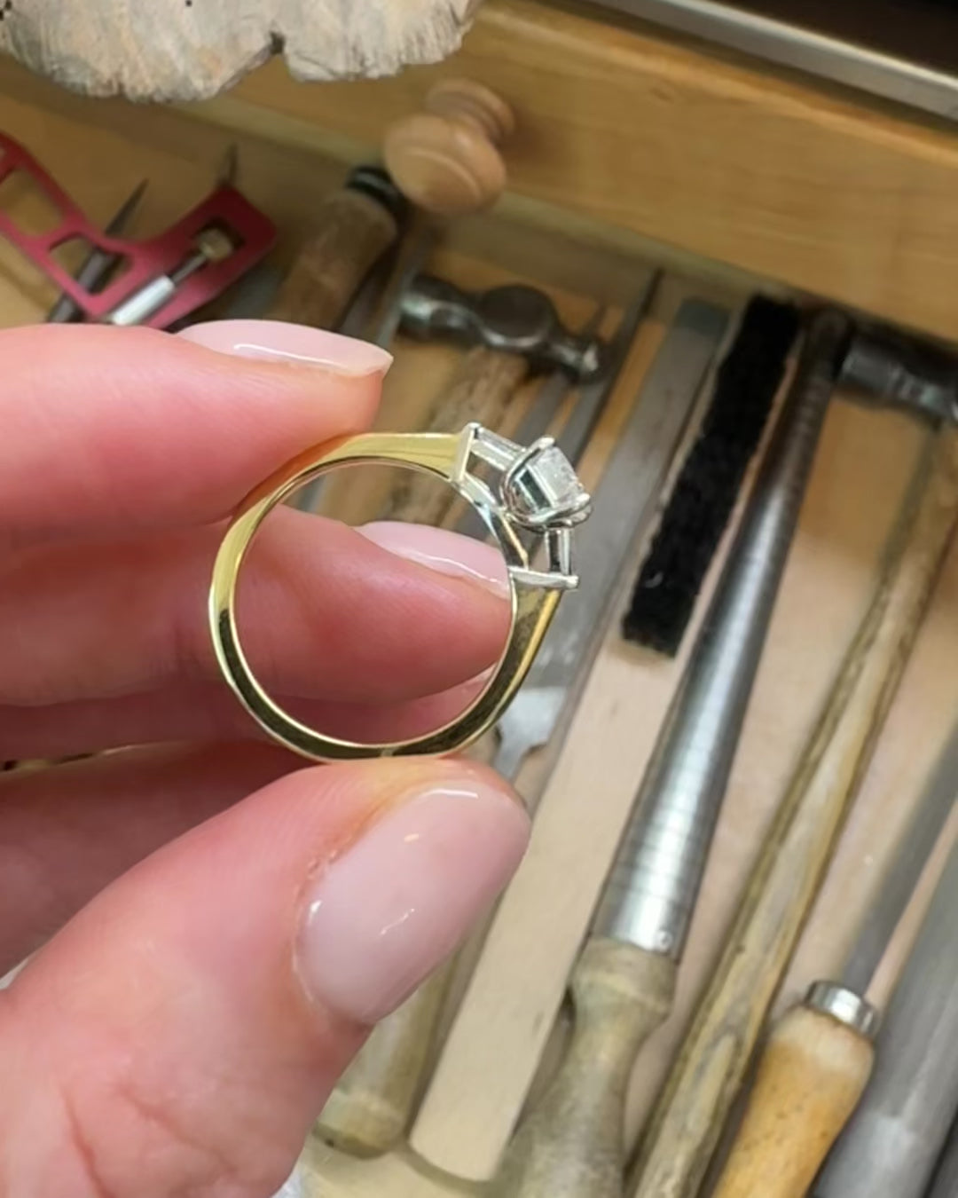 18ct yellow gold emerald cut trilogy lab grown diamond ring UK