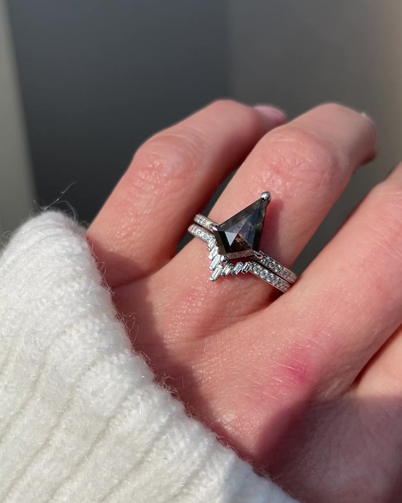 Platinum salt and pepper kite diamond engagement pavé ring