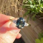 australian oval teal sapphire diamond yellow gold engagement ring