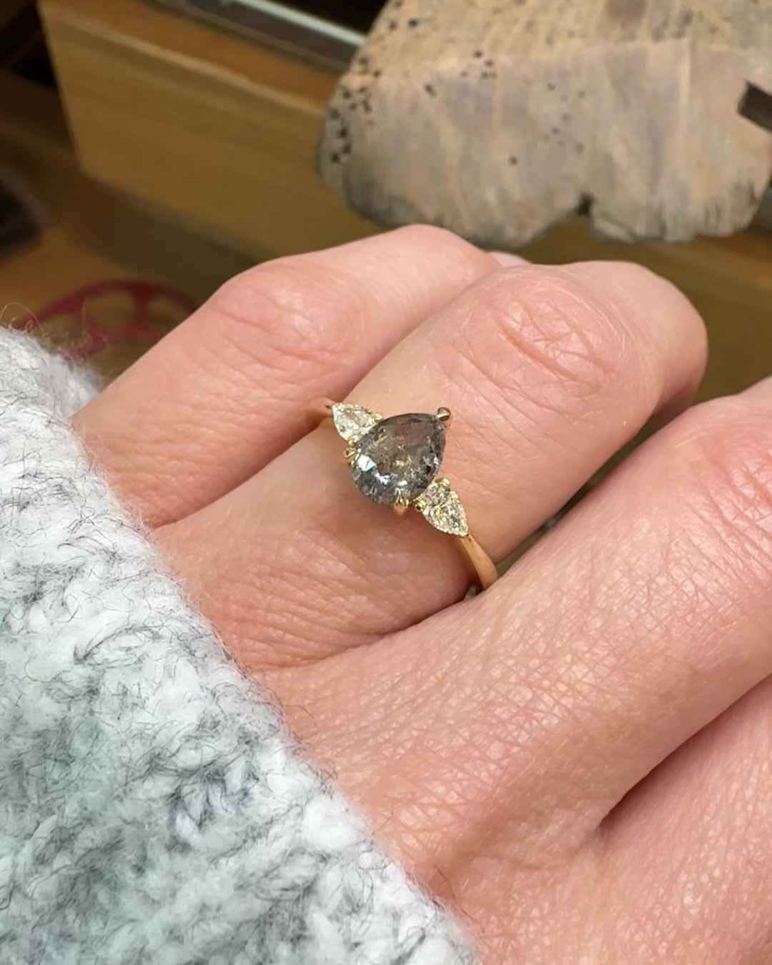 Pear Shape Salt and Pepper Diamond Engagement Ring