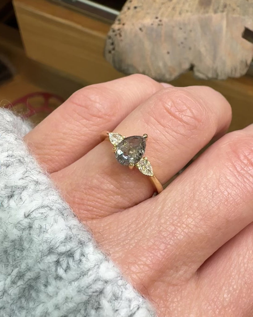 Pear Shape Salt and Pepper Diamond Engagement Ring