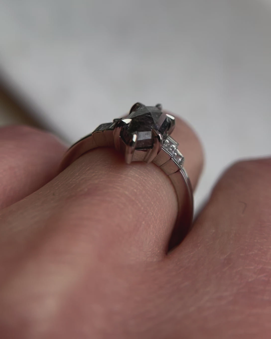 Platinum salt and pepper hexagon diamond engagement one-of-a-kind ring