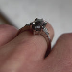 Platinum salt and pepper hexagon diamond engagement one-of-a-kind ring