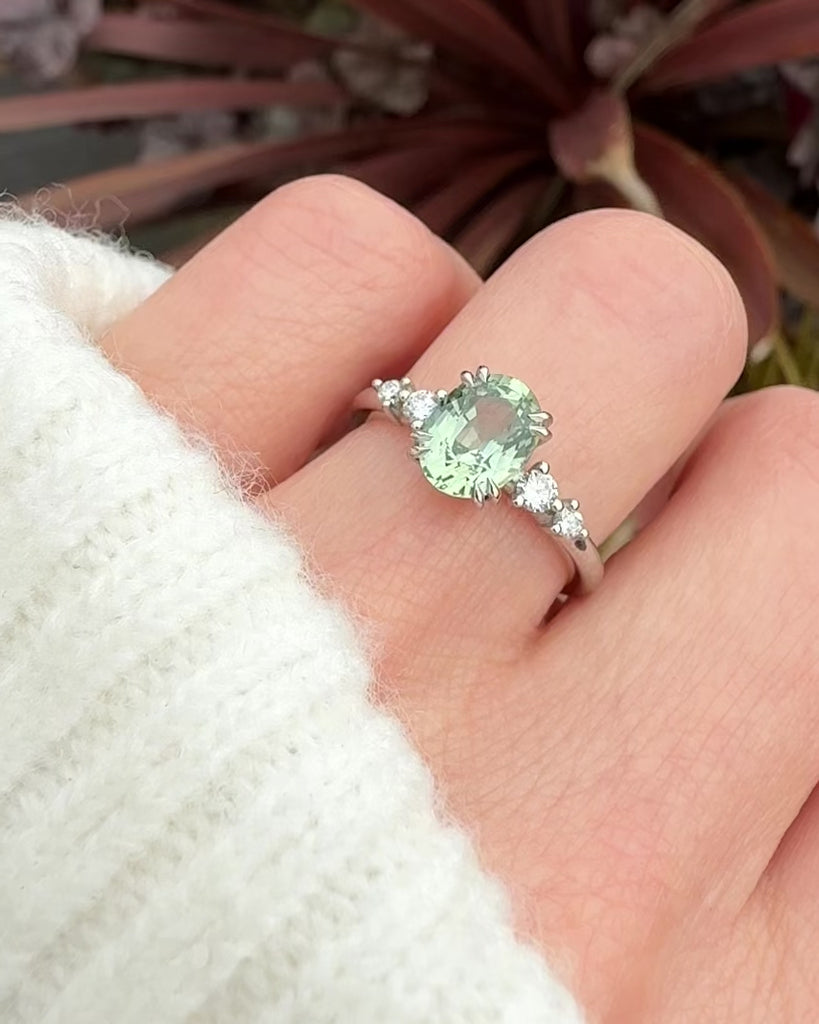 oval mint green montana sapphire engagement ring set in platinum
