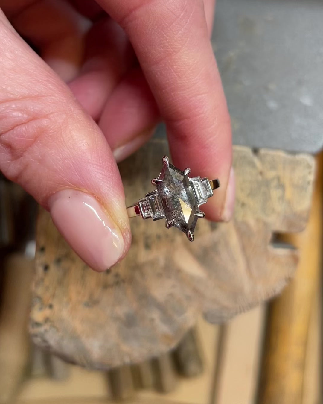 Platinum salt and pepper hexagon diamond engagement one-of-a-kind ring