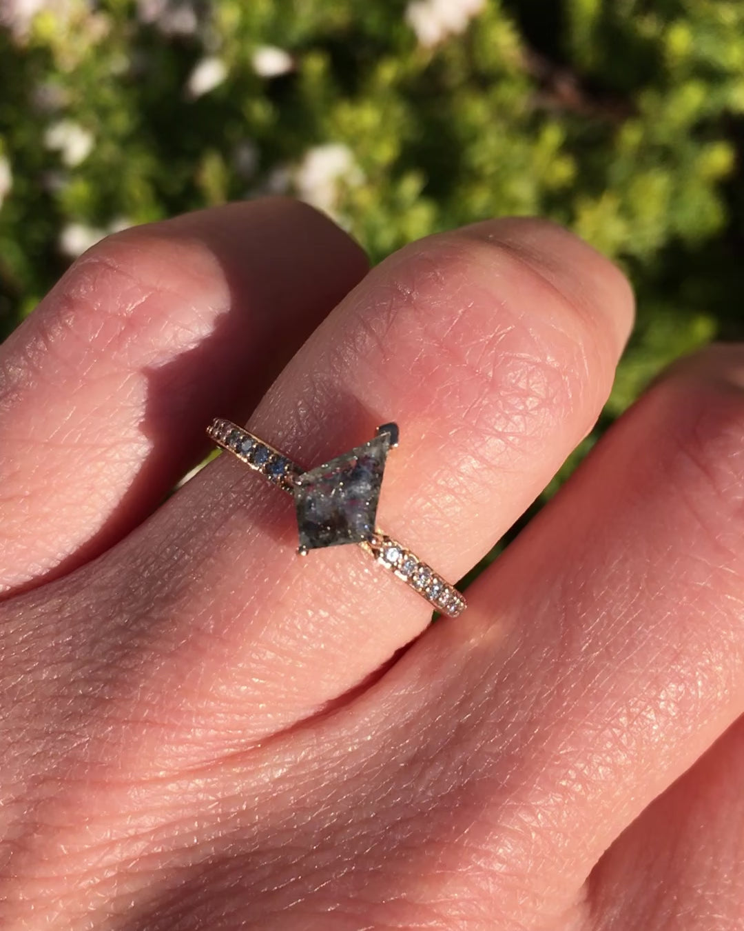 18ct rose gold salt and pepper kite diamond engagement pavé ring