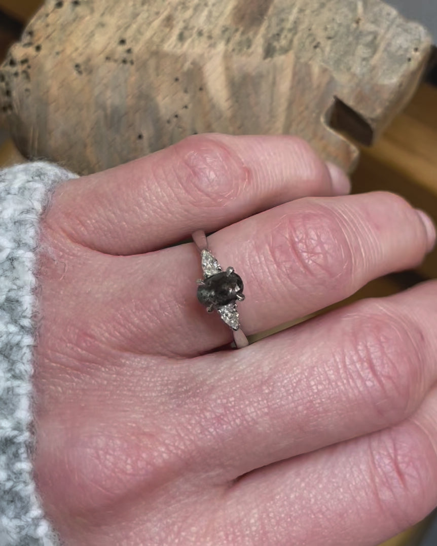 Oval Rose Cut Dark Salt and Pepper Diamond Engagement Ring Trilogy