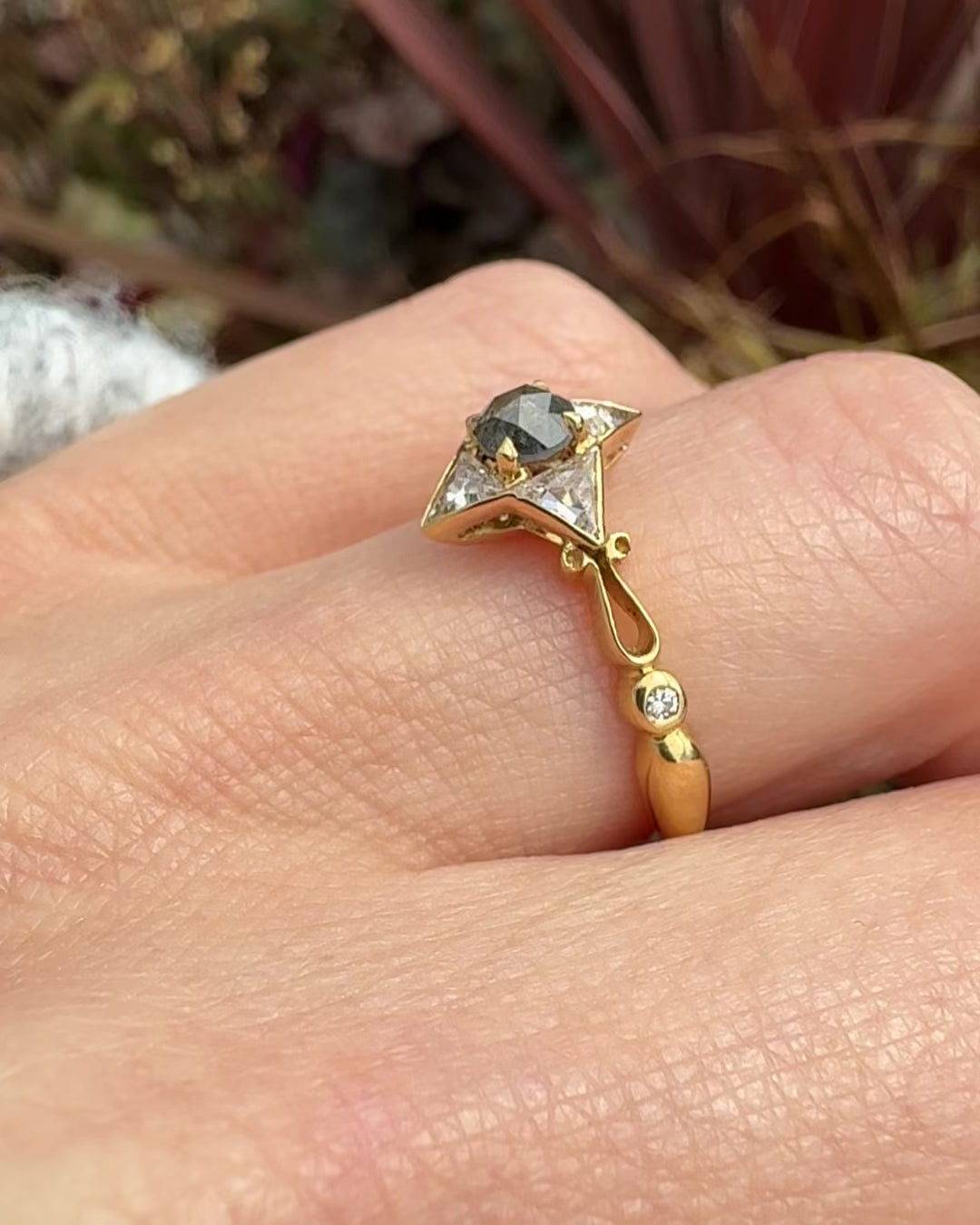 18ct rose gold salt and pepper round rose cut diamond engagement one-of-a-kind ring