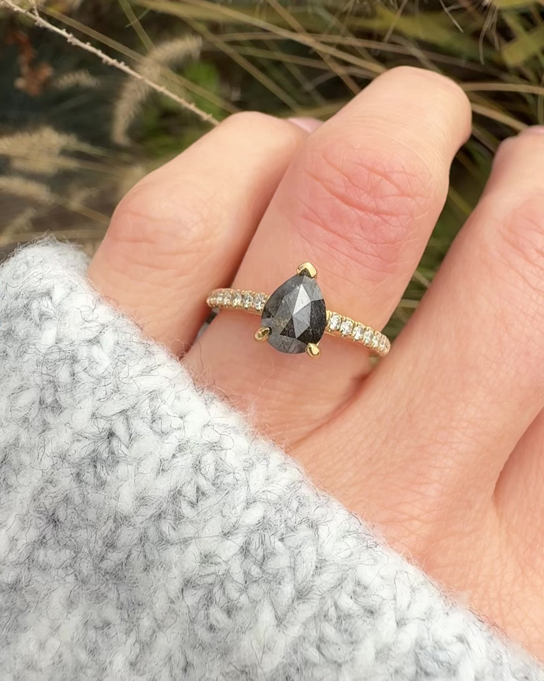 18ct yellow gold salt and pepper pear diamond engagement pavé ring