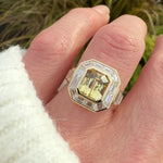 yellow octagonal sapphire custom cut baguette and trapezoid halo lab grown diamond ring