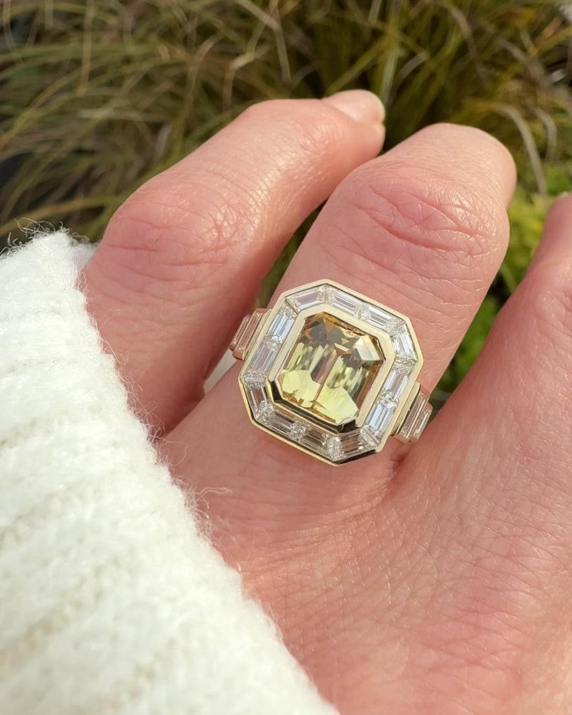 yellow octagonal sapphire custom cut baguette and trapezoid halo lab grown diamond ring
