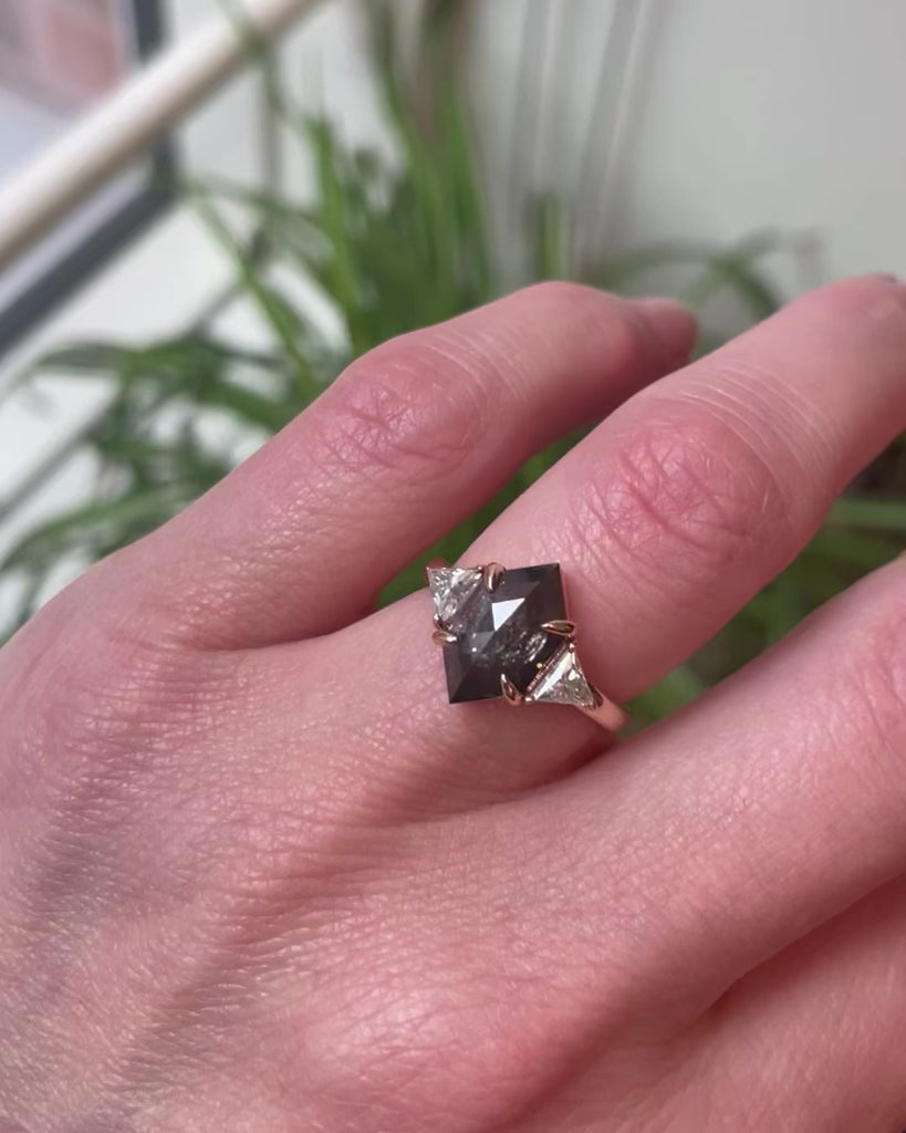 18ct yellow gold salt and pepper hexagon diamond engagement trilogy ring