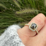 18ct yellow gold salt and pepper cushion cut diamond engagement halo ring