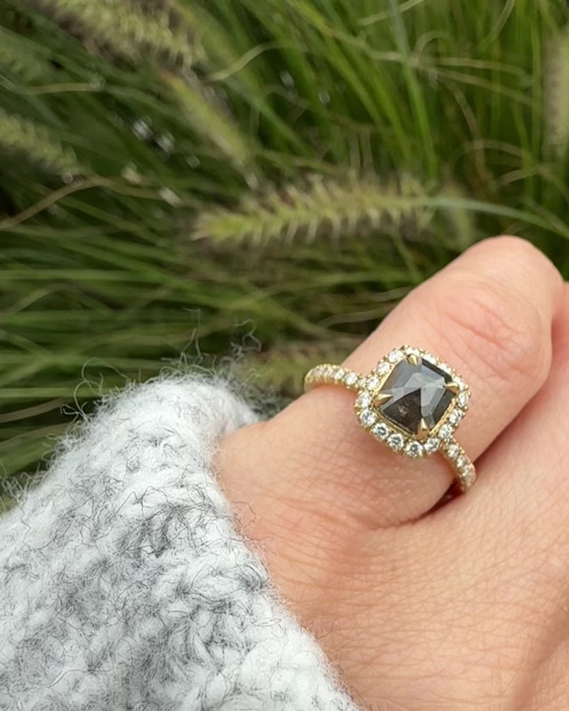 18ct yellow gold salt and pepper cushion cut diamond engagement halo ring