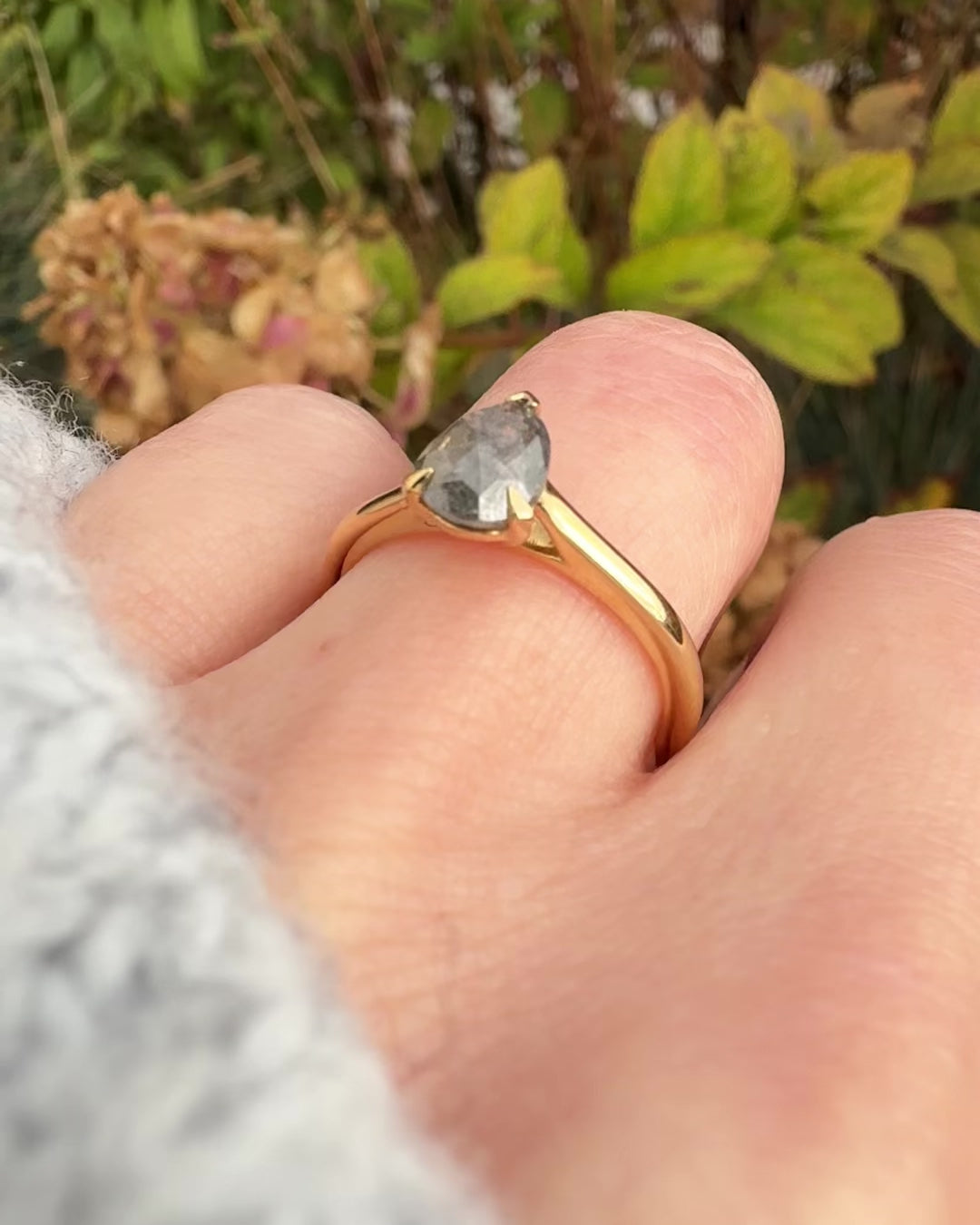 pear shape salt and pepper diamond engagement solitaire ring