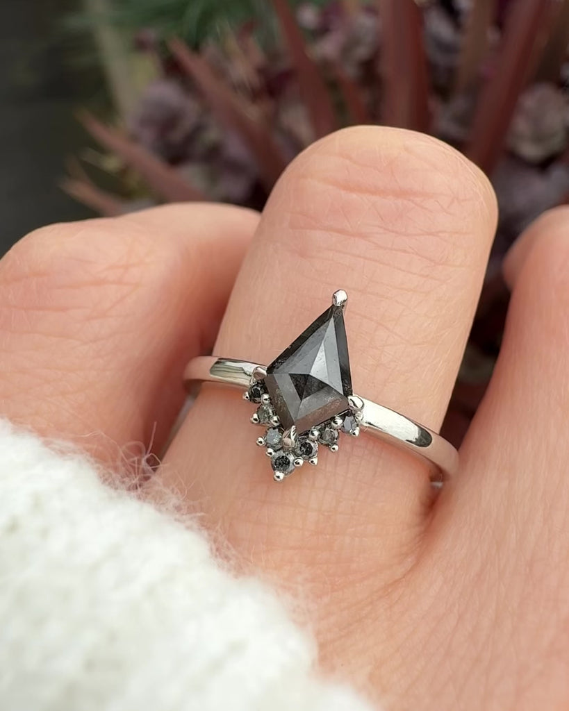 one of a kind kite shape salt and pepper diamond engagement ring in platinum