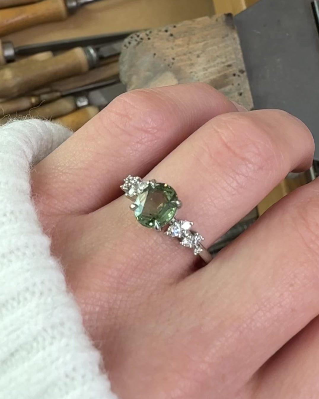 oval green sapphire platinum engagement ring