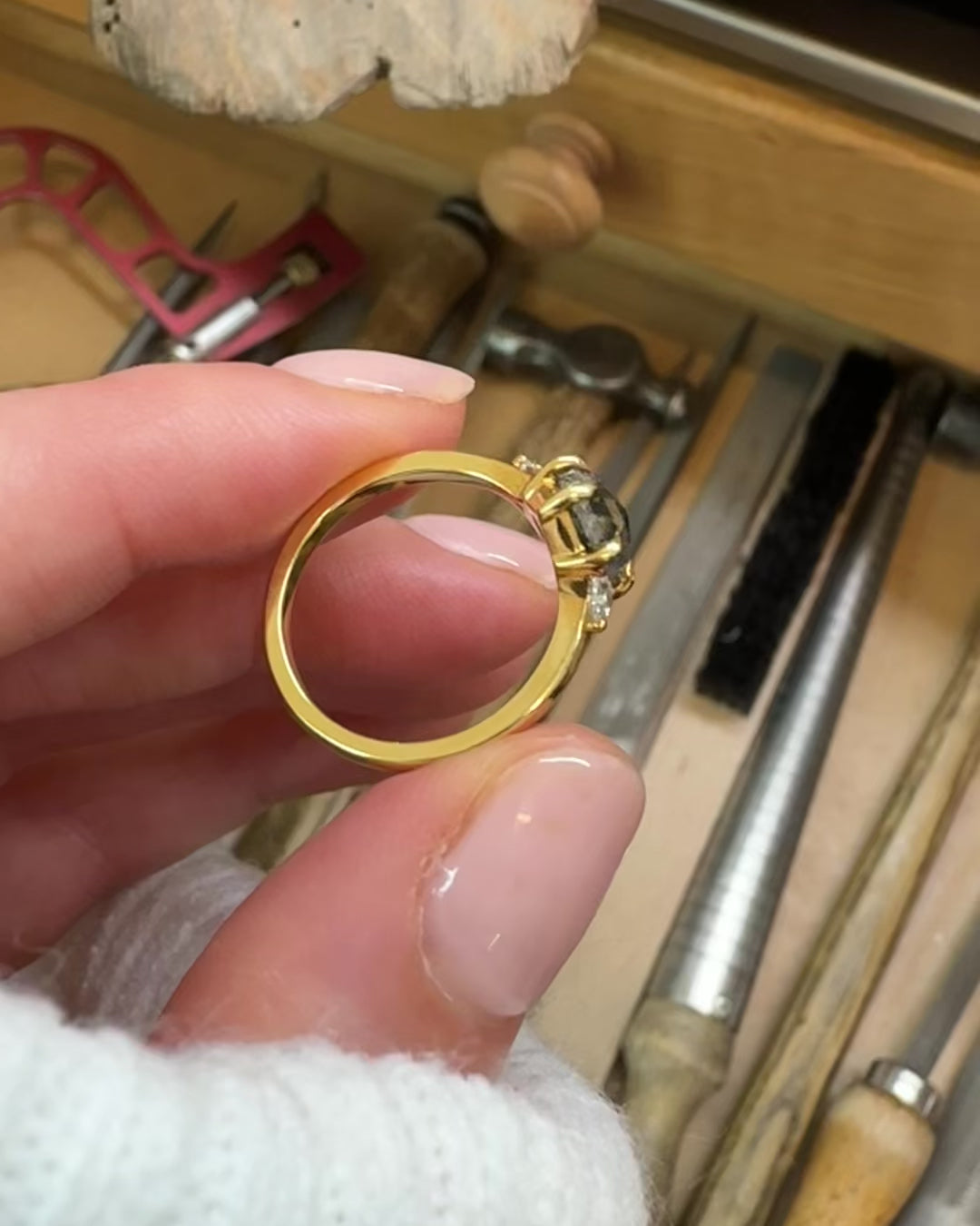 18ct yellow gold salt and pepper hexagon diamond engagement trilogy ring