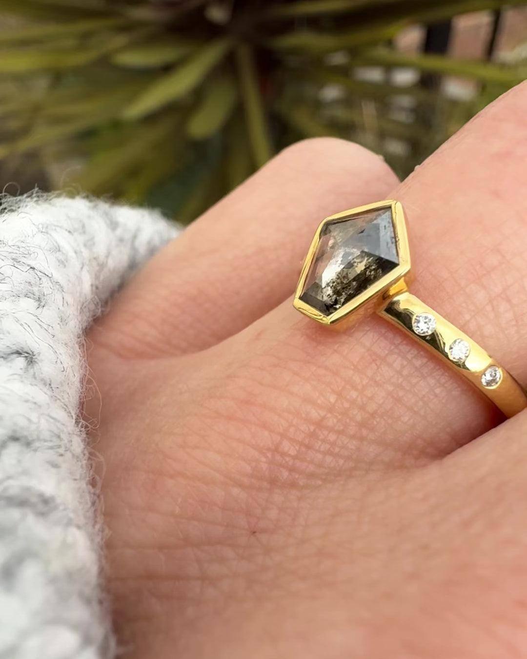 18ct yellow gold salt and pepper shield diamond engagement bezel ring